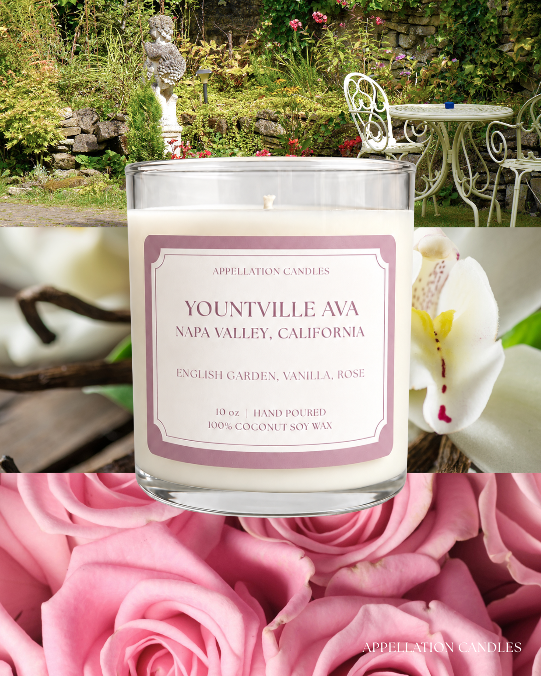 Yountville AVA Candle - English garden, Vanilla, Rose