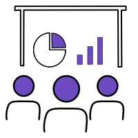 Icon with a pie chart, bar chart, line graph, and three circles in purple.