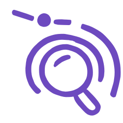 Magnifying glass icon surrounded by signal waves in purple.