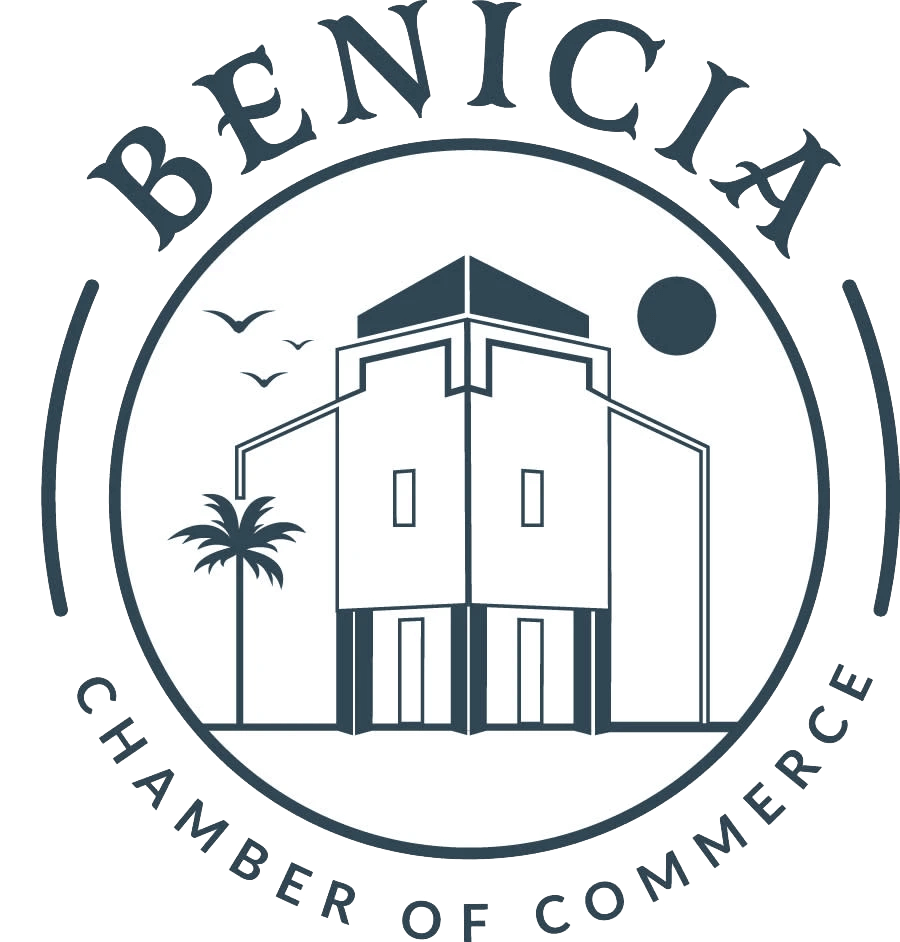 Round blue and white logo for the Benicia Chamber of Commerce