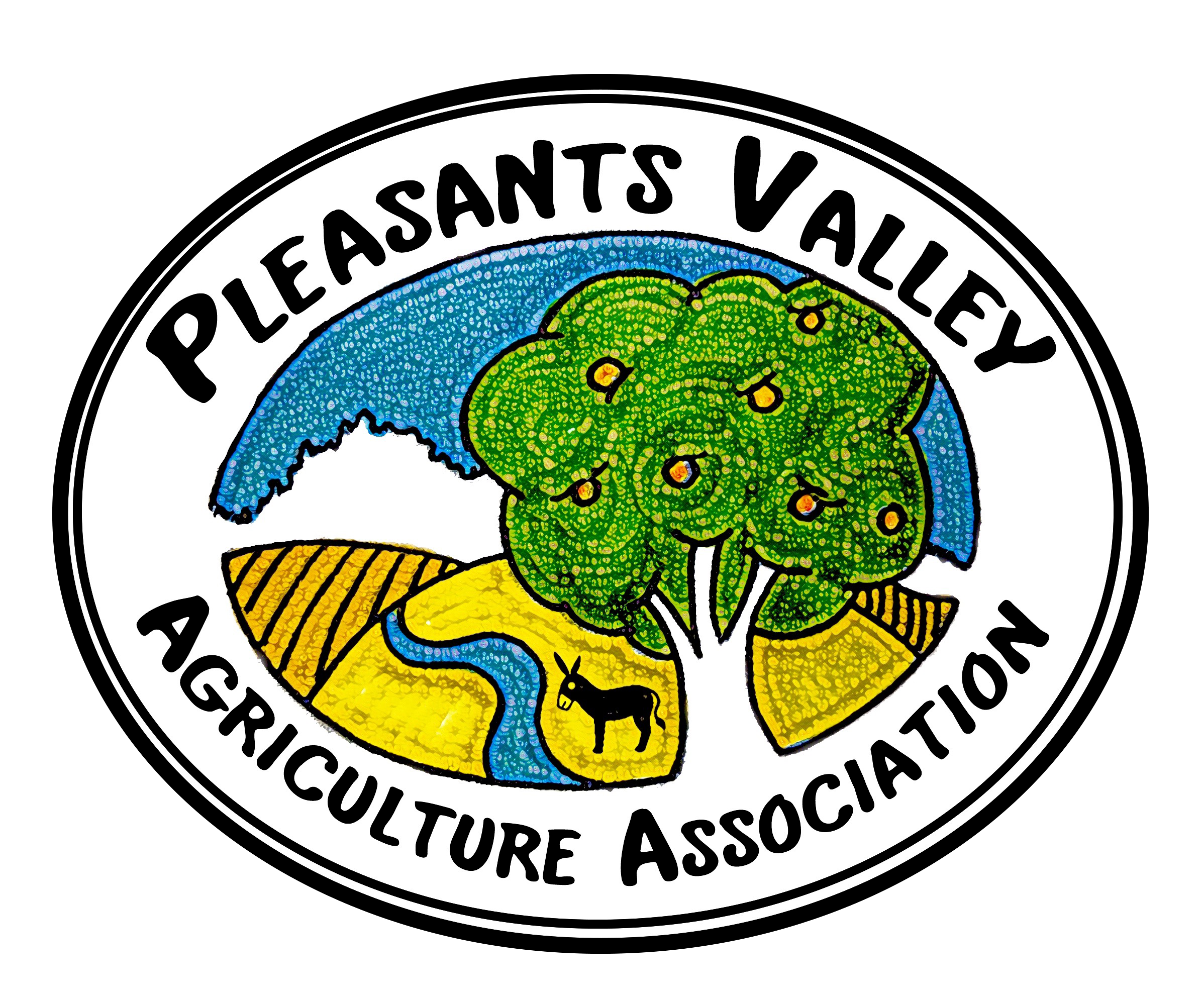 Oval colorful logo of a tree with gold wheat fields and a donkey for the Pleasants Valley Agriculture Association logo