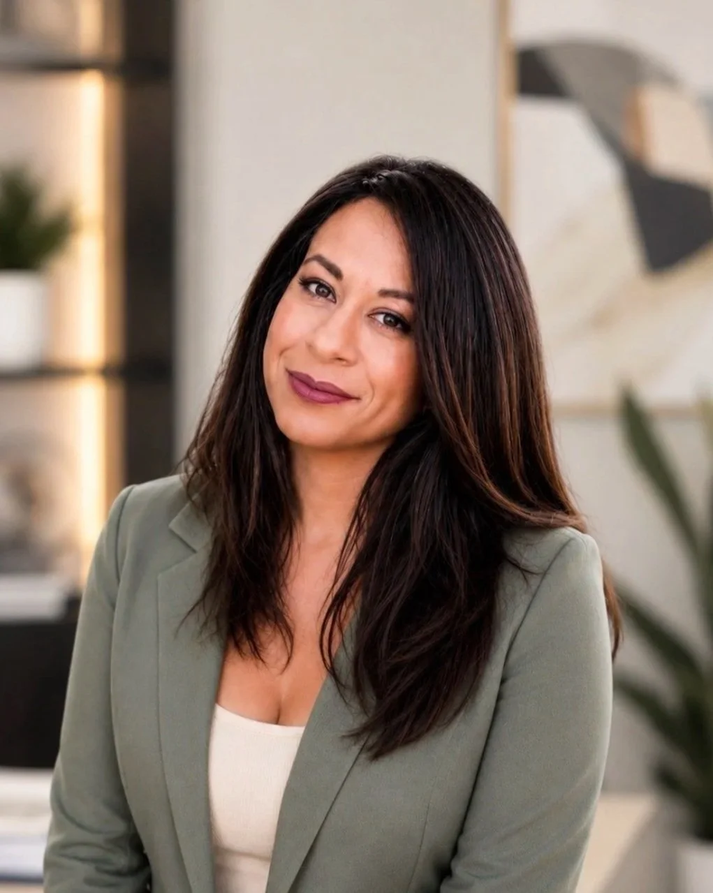 A woman with long dark hair and a light green blazer smiling at the camera in an office setting.