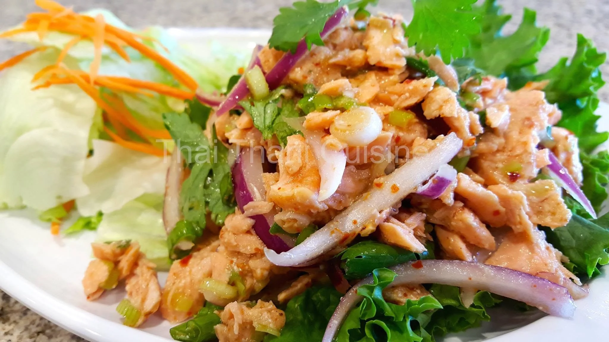 Close-up of a plate of shredded chicken salad with herbs and vegetables, served with a side salad of lettuce, cucumber, and carrots.
