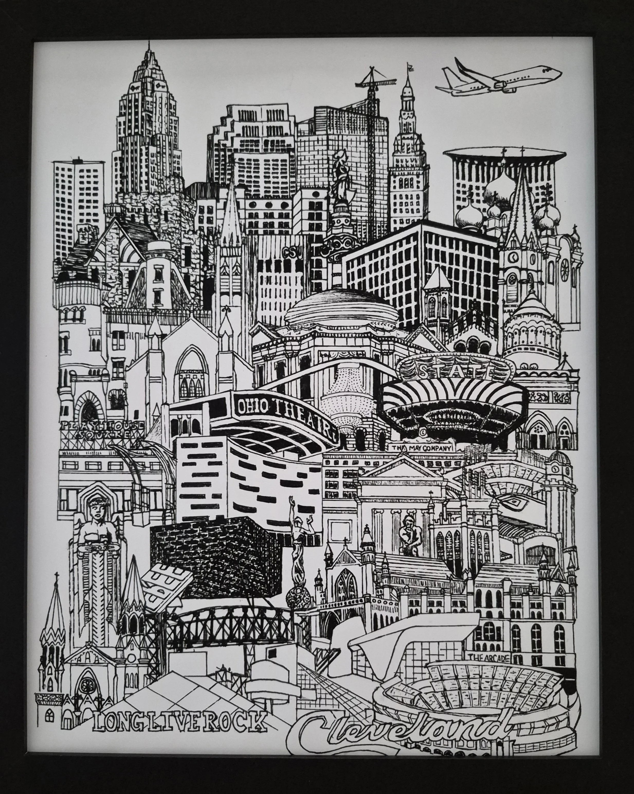 Black and white illustration of Cleveland, Ohio, featuring notable buildings, landmarks, a stadium, highlighting this 'fly over state'