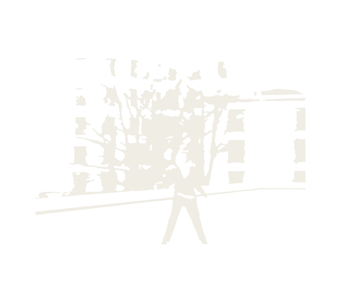 Silhouetted person walking on a street with trees and apartment buildings in the background.
