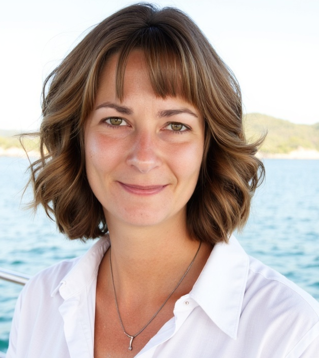 A woman with short wavy brown hair, wearing a white shirt and a necklace, standing outdoors near water with a distant shoreline in the background.