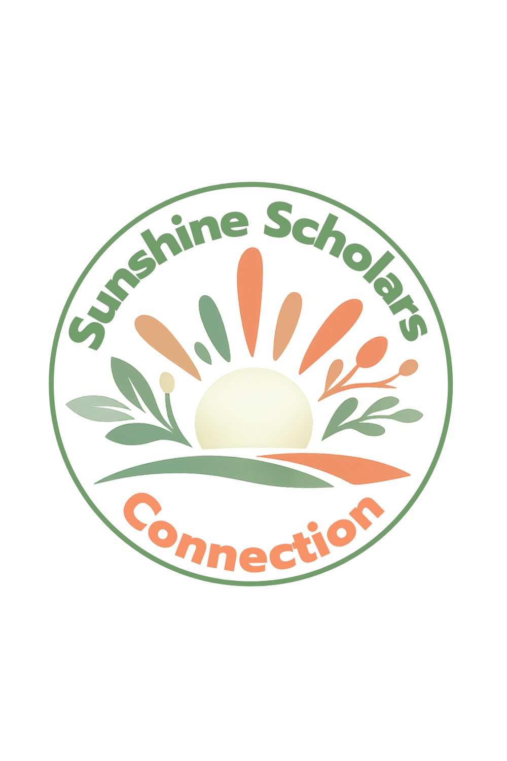 Logo for Sunshine Scholars Connection featuring a stylized sun rising over greenery with orange and green plant motifs and the text 'Sunshine Scholars Connection' in green and orange.