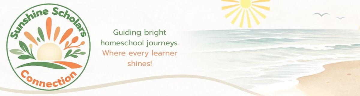 Sunshine Scholars Connection logo with a sun and plant design, with ocean and beach scene in the background, and text about guiding bright homeschool journeys.
