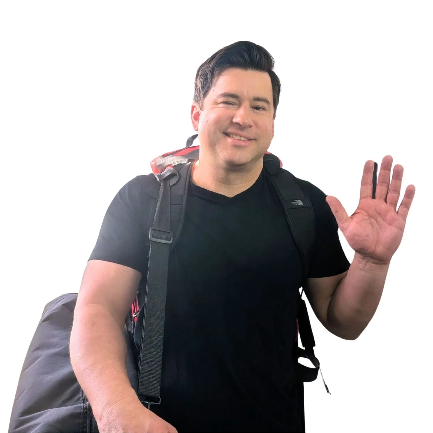 Mobile massage therapist waving with gear, arriving for an in-home massage in Redmond.