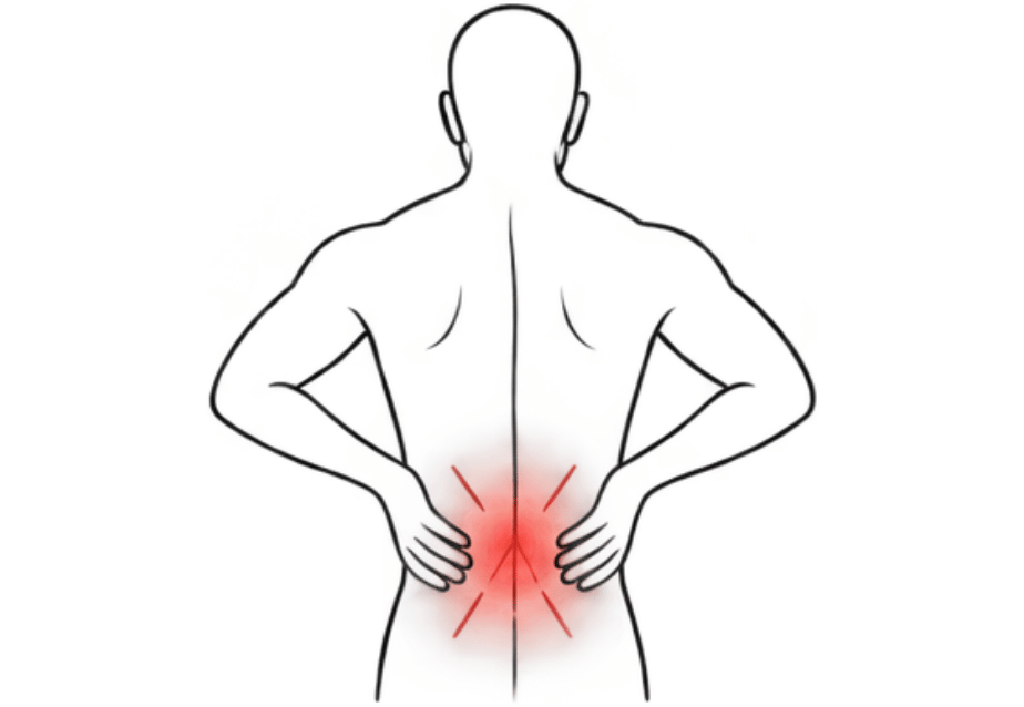 Posterior human silhouette highlighting the lumbar region, representing clinical lower back pain relief in Medina.