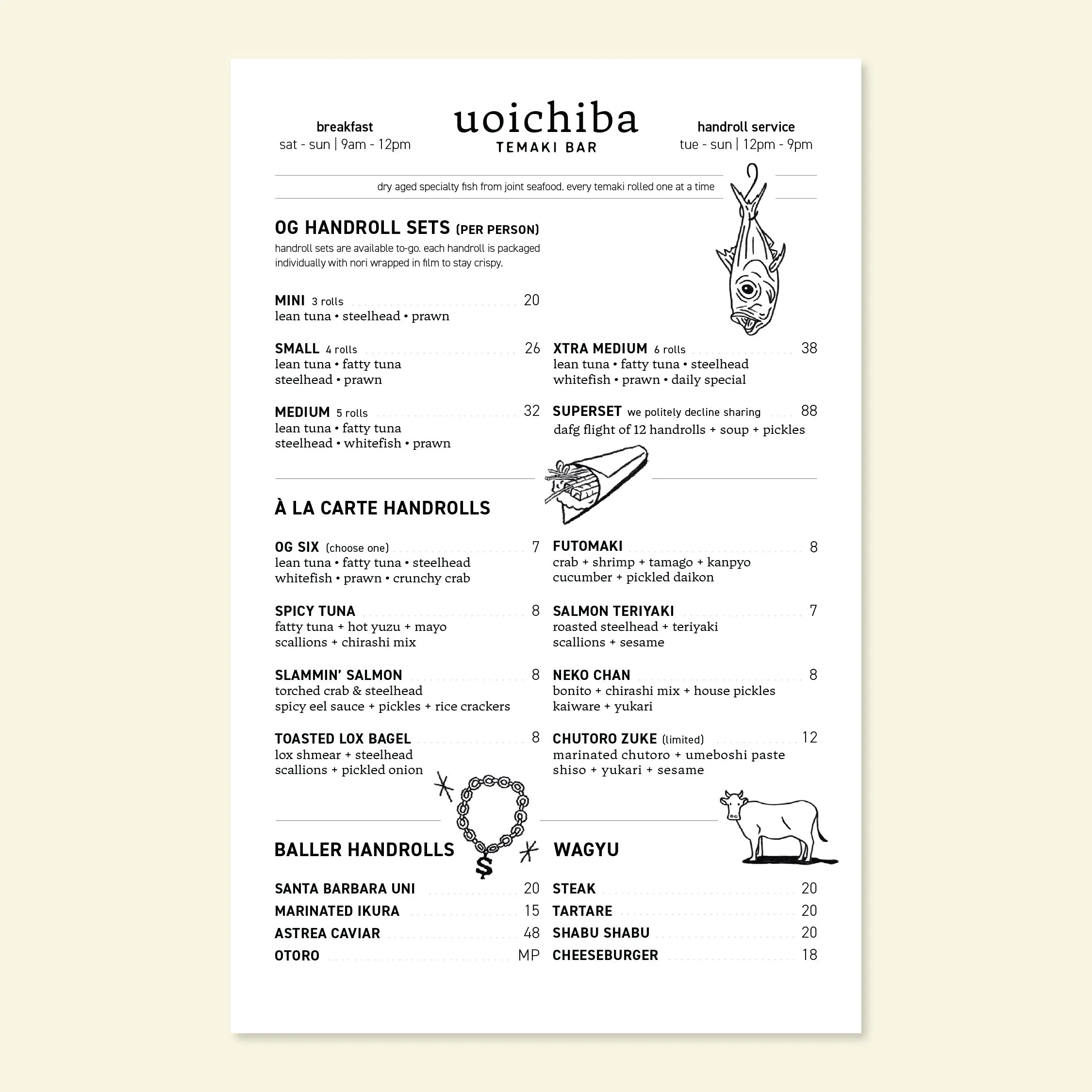 Front side of the Uoichiba Temaki Bar menu featuring handroll sets, a la carte handrolls, baller handrolls and wayu items.