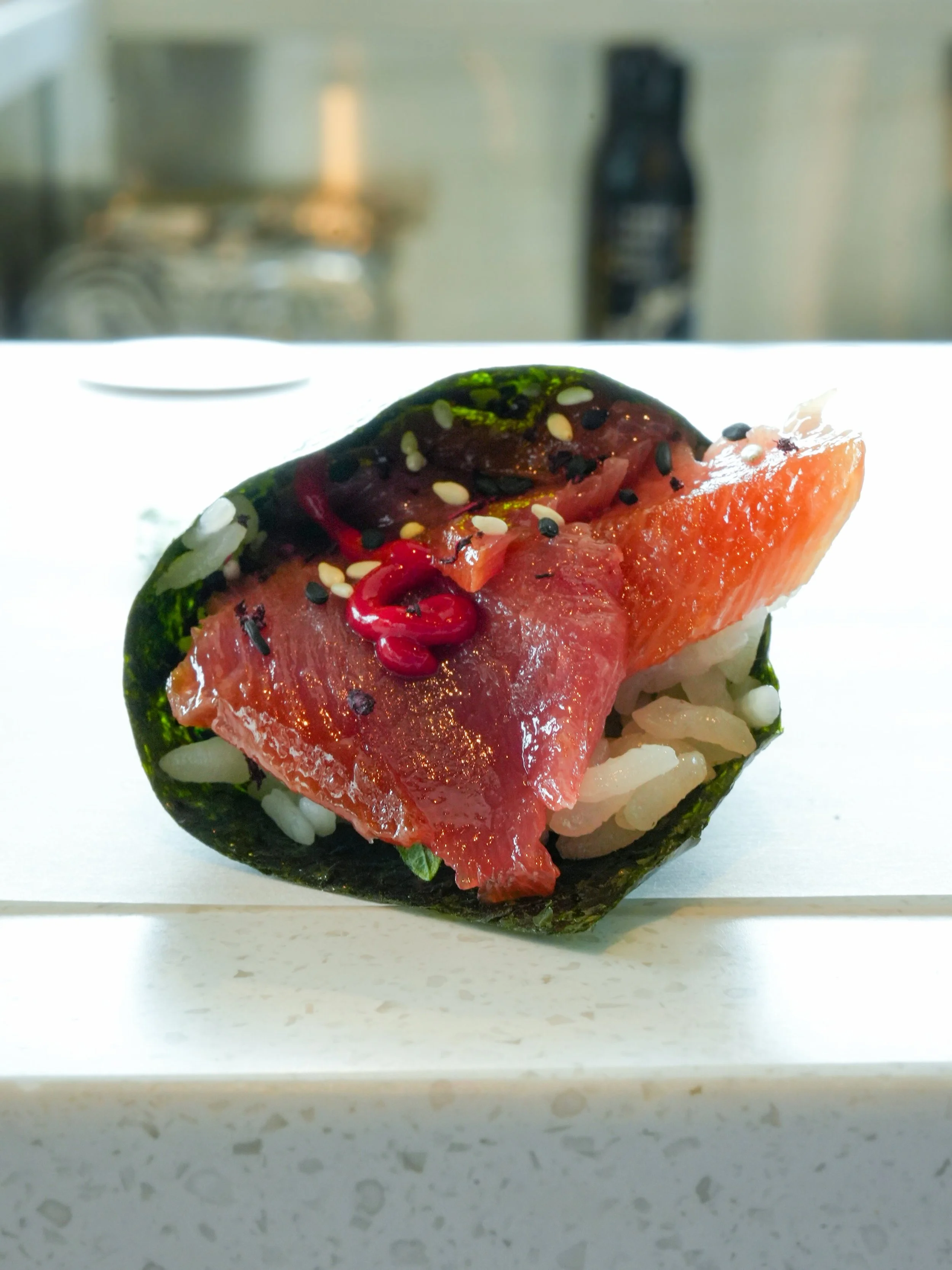 For the sophisticated traditionalist: 

CHUTORO ZUKE - marinated dry aged chutoro, umeboshi paste, shiso , yukari, and sesame. 

#chutoro #tuna #tunabelly #dryagedfish #handroll