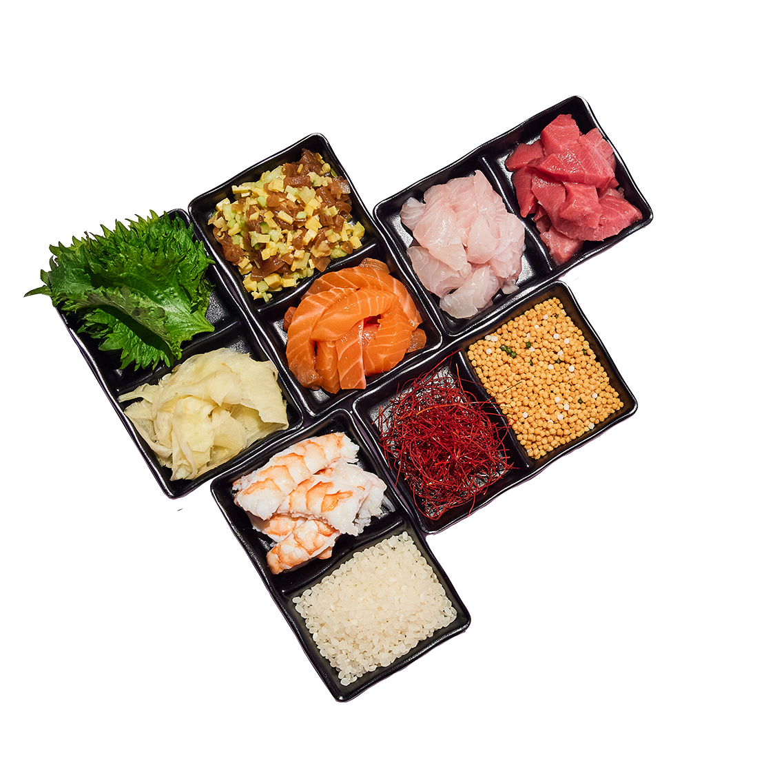 Assorted dry aged sashimi and garnishes arranged in small black trays, including sliced raw fish, shrimp, shredded red chili threads, seaweed, chirashi mix, pickled ginger, and bubu arare.