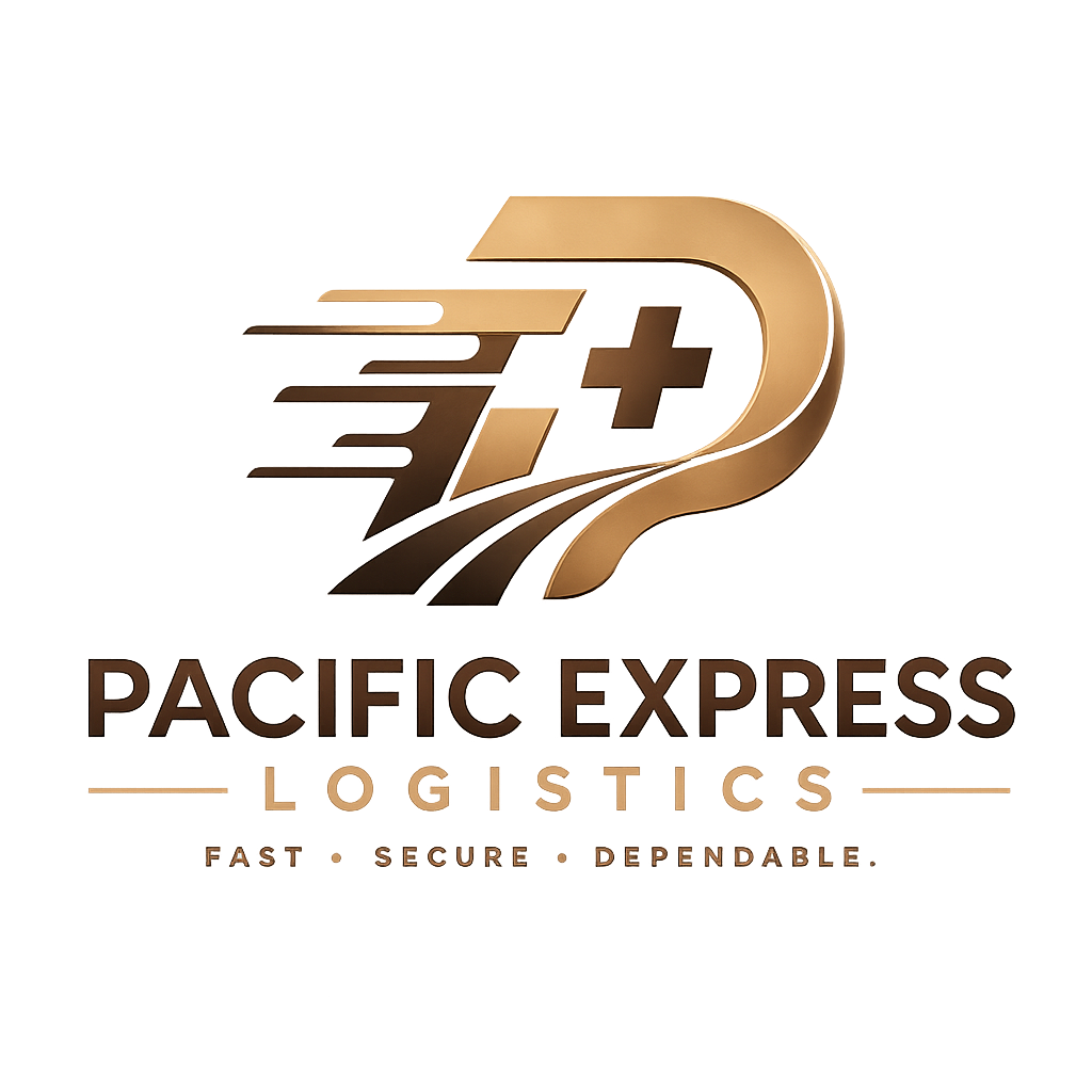 Golden logo of Pacific Express Logistics featuring a stylized number 2 with motion lines and a plus sign, with the company name and description below indicating speed, security, and reliability.