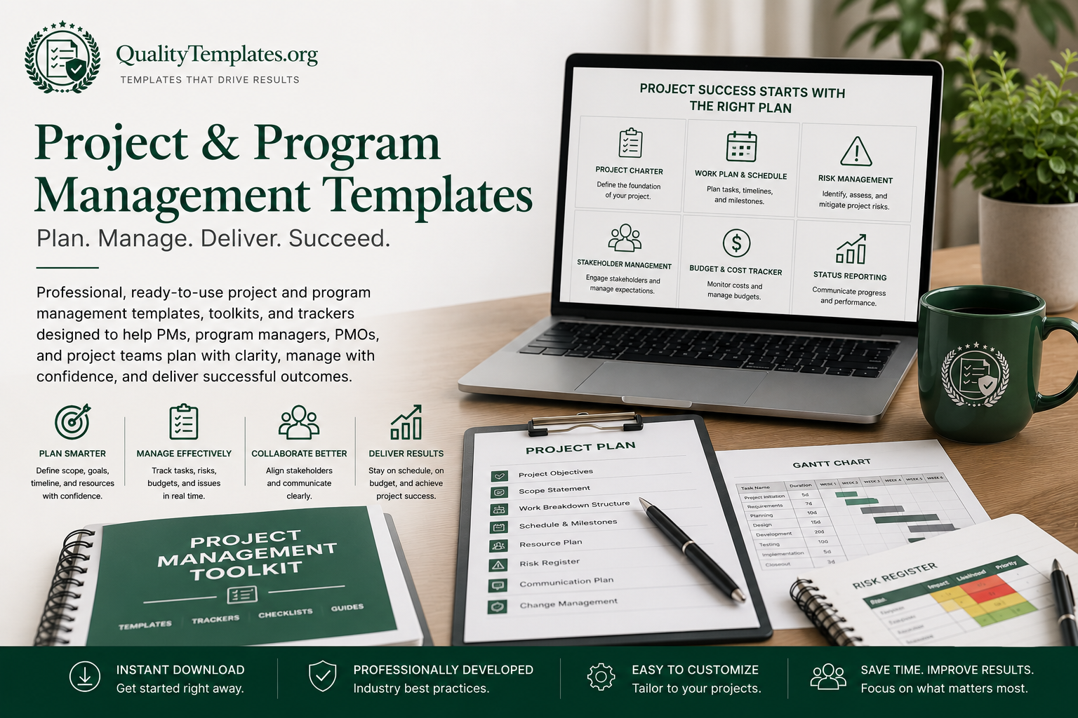 Professional project and program management templates, PMO toolkits, project charter templates, project plans, risk registers, Gantt charts, and project management documents available for instant download from QualityTemplates.org.