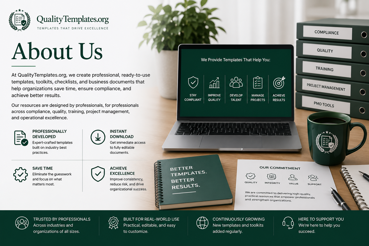 About QualityTemplates.org featuring professional business templates, compliance resources, training toolkits, quality management documents, and project management solutions designed to help organizations improve performance and save time.