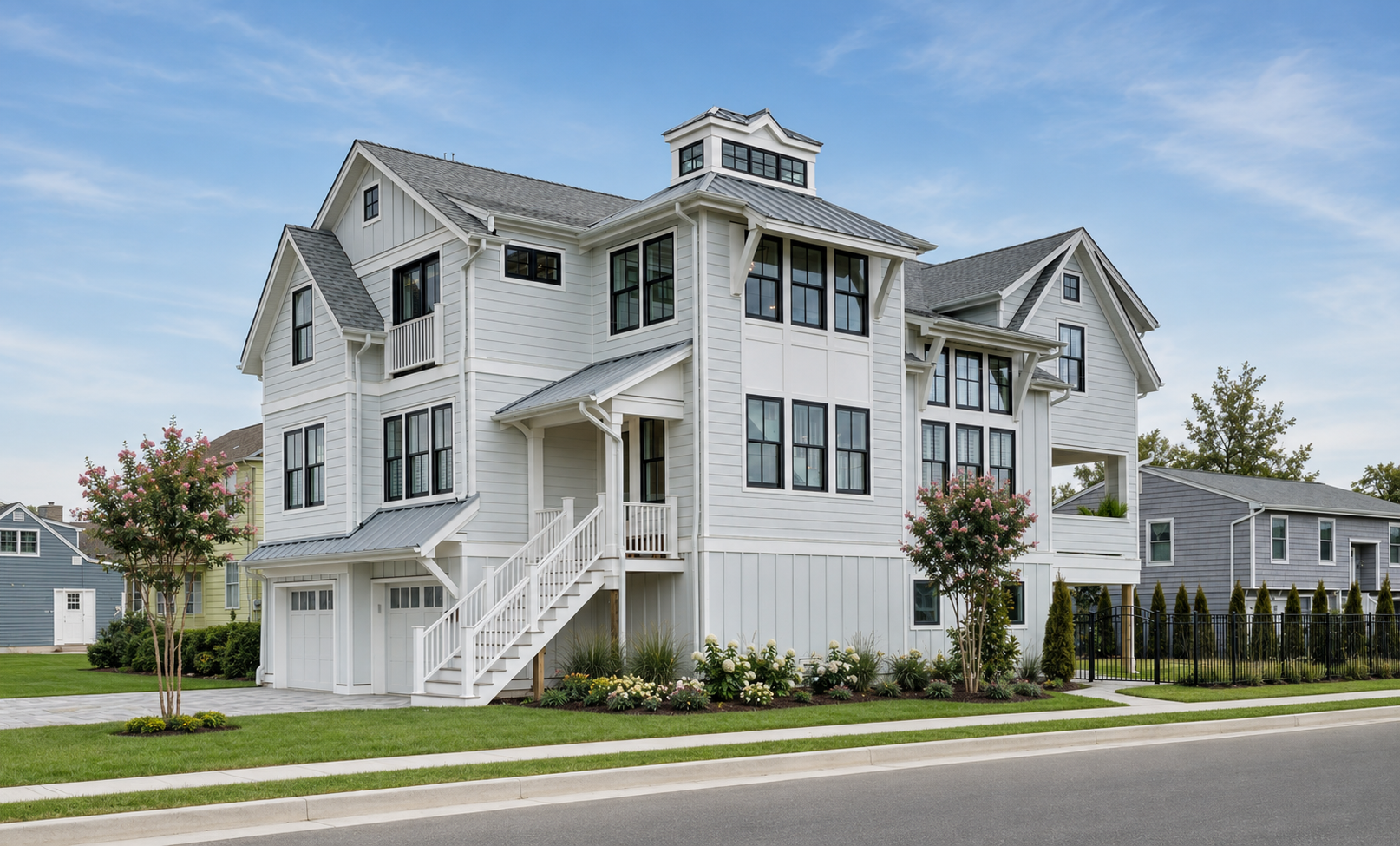 A large, multi-story white house with black window frames, a staircase leading to the front door, and a garage below. The house has a modern design with gabled roofs and is surrounded by a neatly landscaped yard with flowering bushes, small trees, an