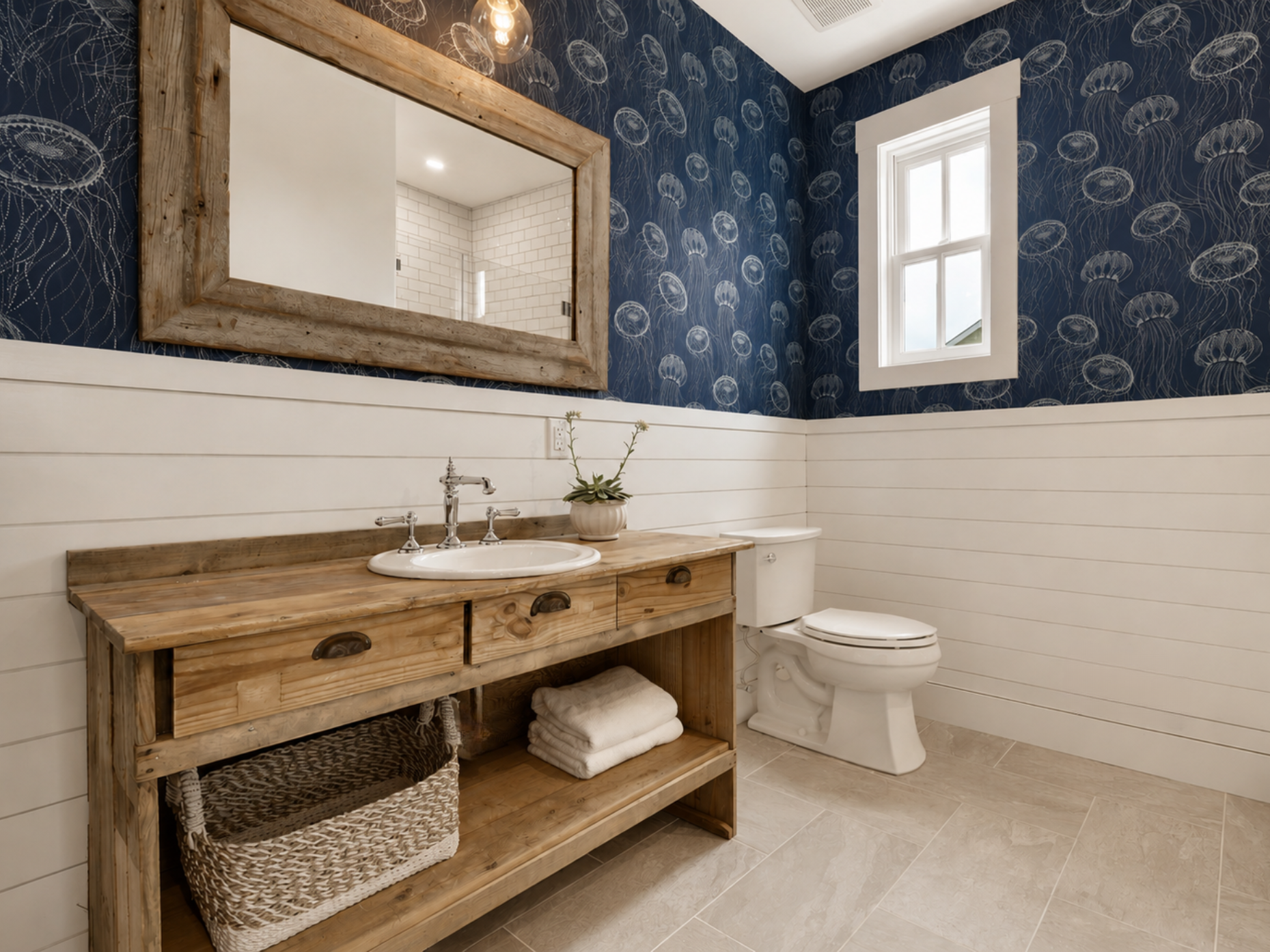 A rustic-style bathroom with a wooden vanity, a white ceramic sink, a potted succulent plant, and a large mirror with a wooden frame. The bathroom has white shiplap walls, a window with white trim, and a toilet. The wall above the shiplap is painted 