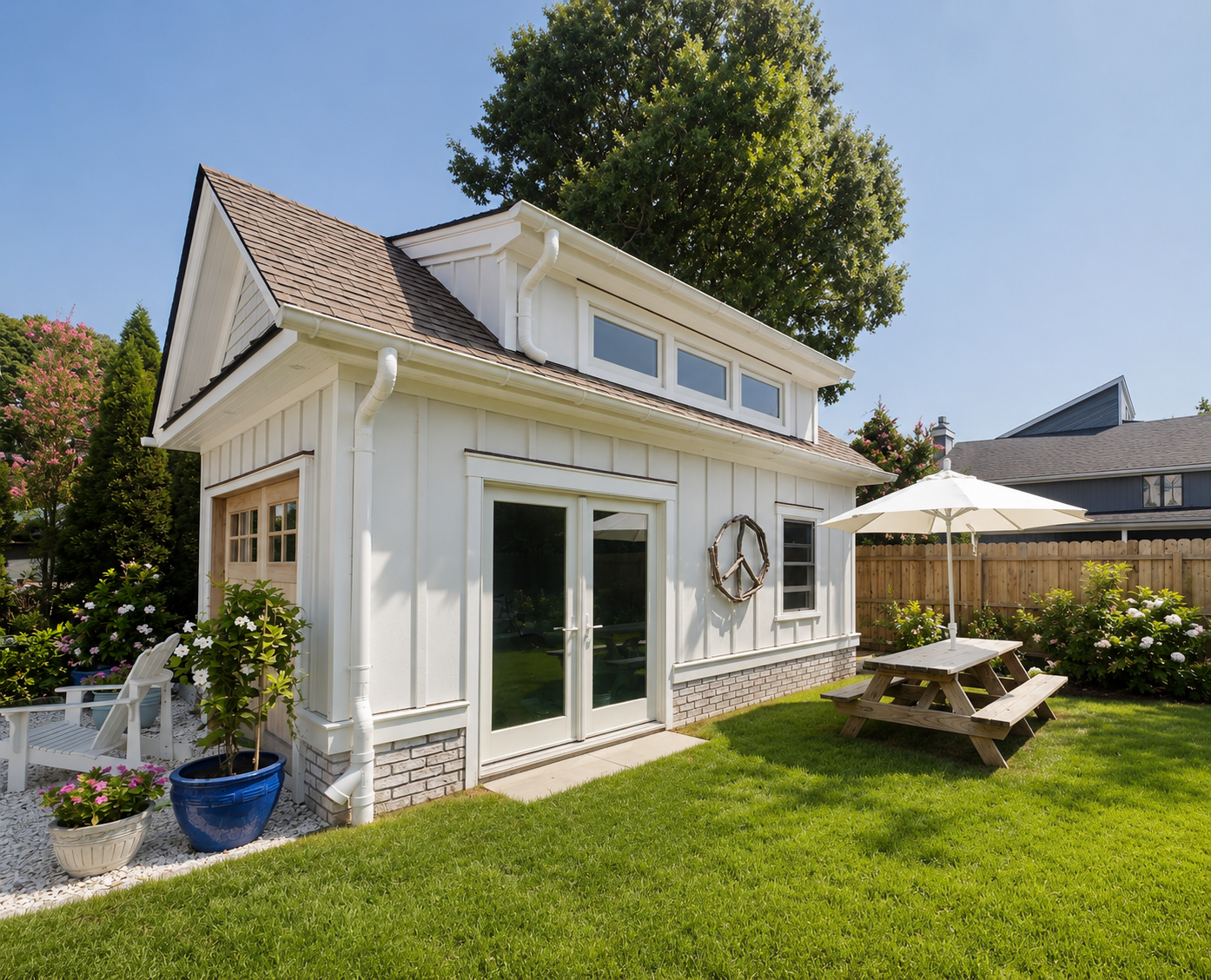A small white garden shed with a brown shingle roof, glass sliding door, and windows at the top, situated in a backyard with green grass, potted plants, a wooden picnic table with an umbrella, and a wooden fence.