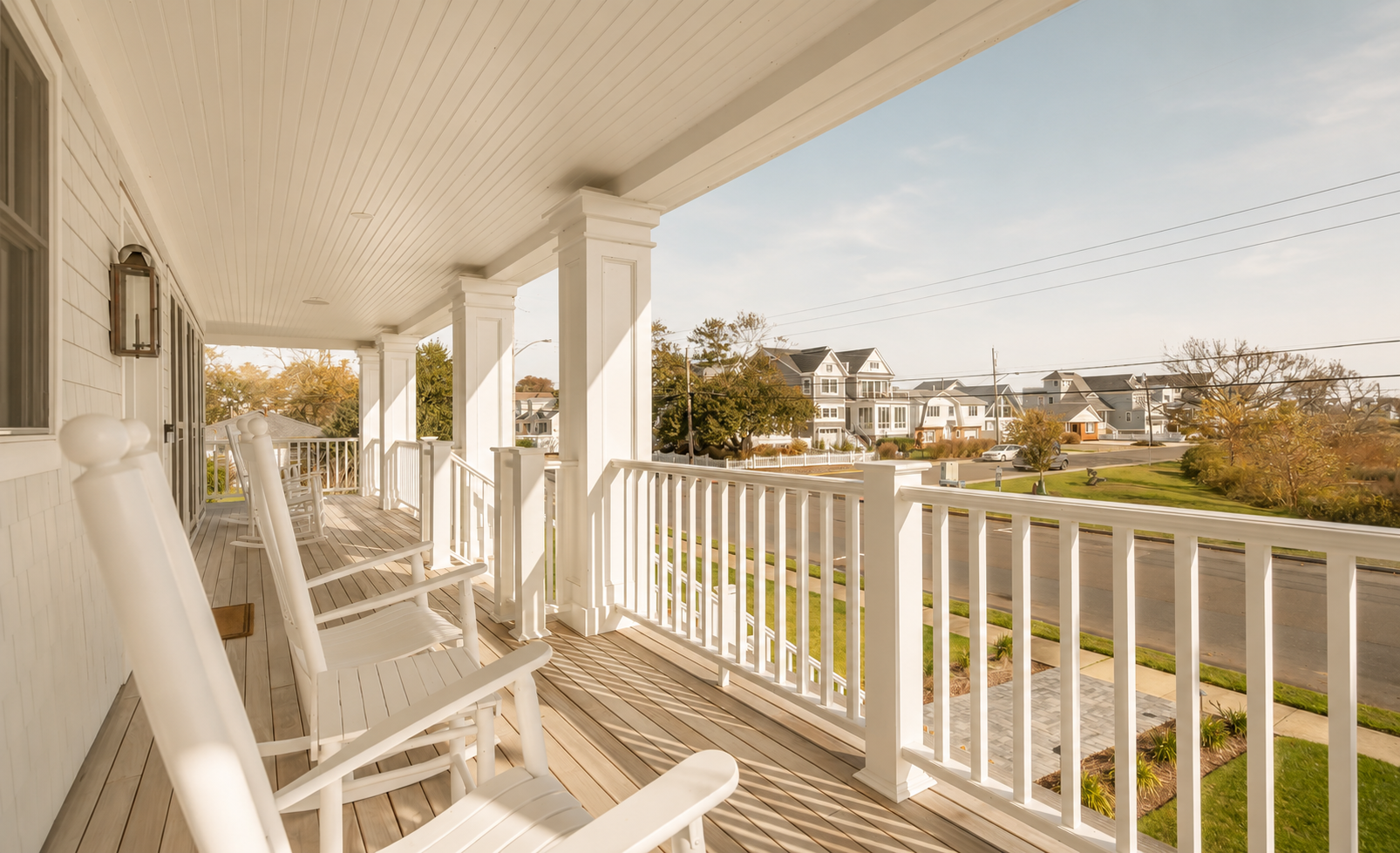A spacious white wooden porch with rocking chairs overlooking a suburban neighborhood street lined with houses and trees.