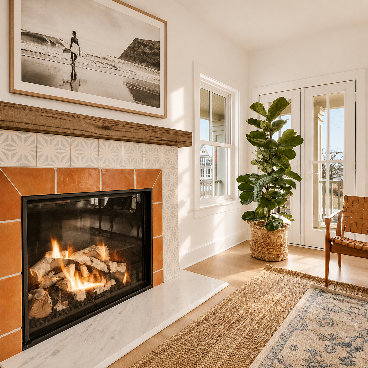 Living room with a lit fireplace, potted plant near window and door, framed beach photo above the fireplace, wooden chair, and woven rug.