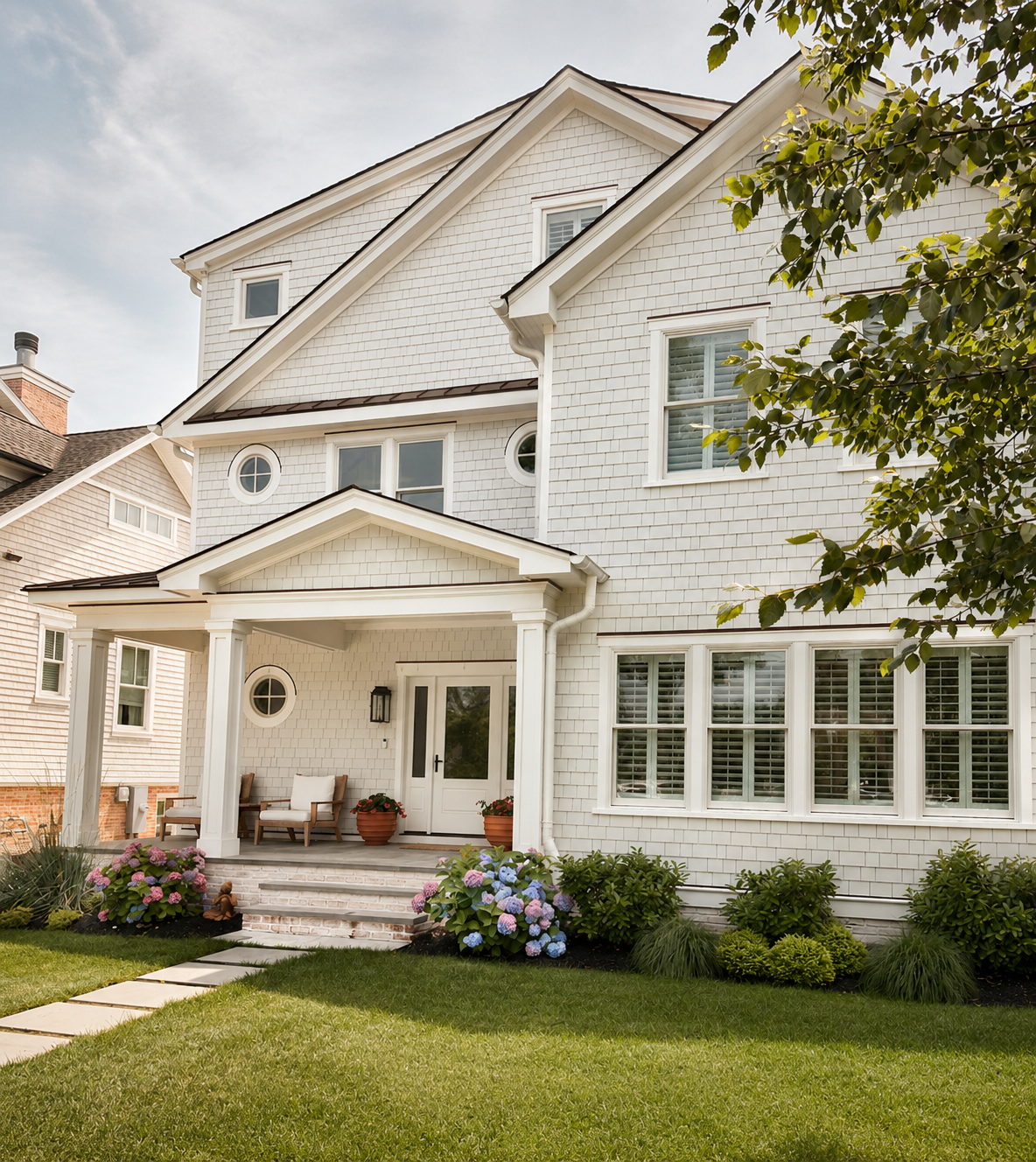 A white, multi-story house with a front porch, surrounded by a green lawn and landscaped bushes and flowers.
