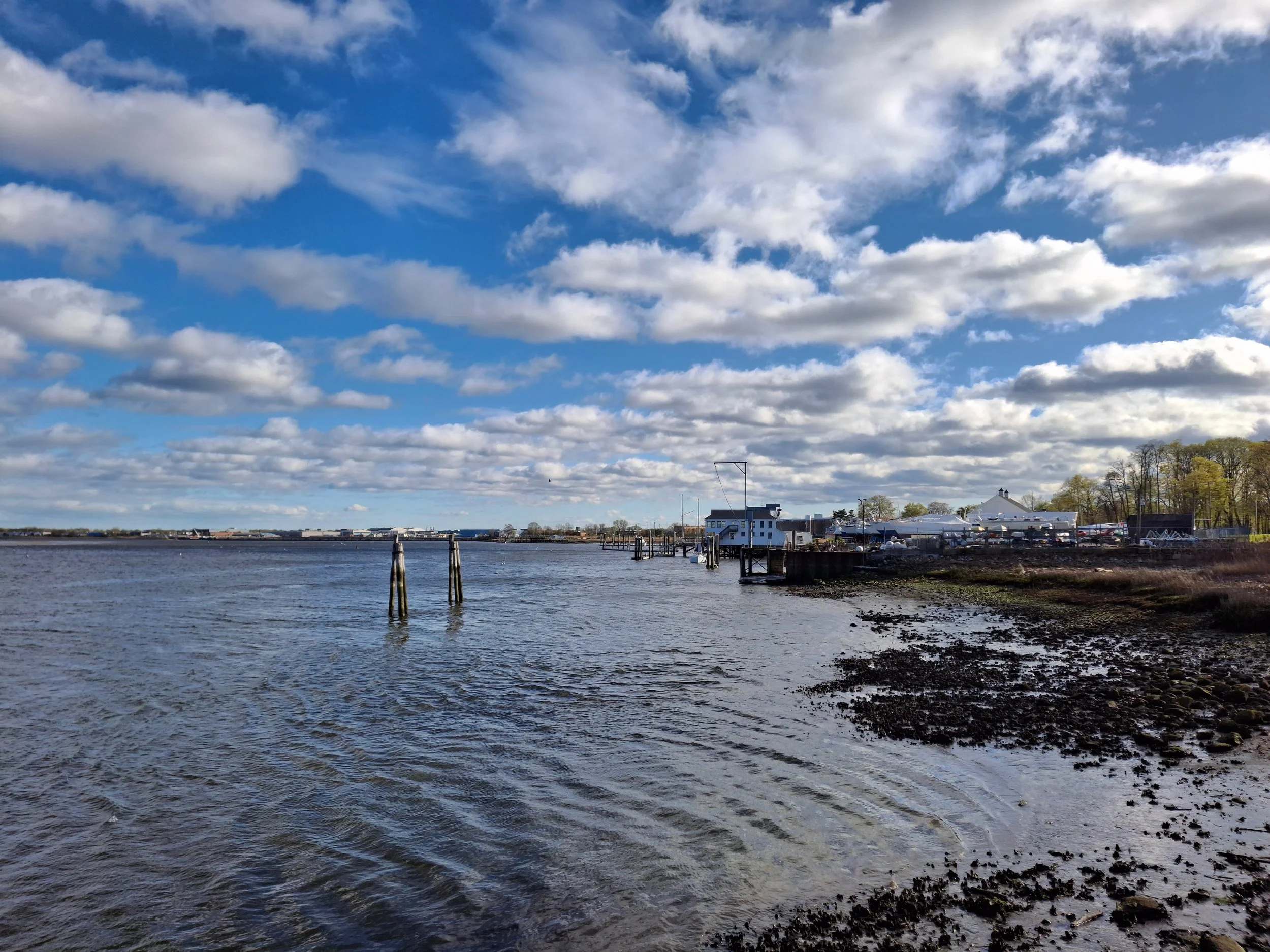 A waterfront scene with a partly cloudy sky, calm water, docks, boats, and buildings along the shoreline.