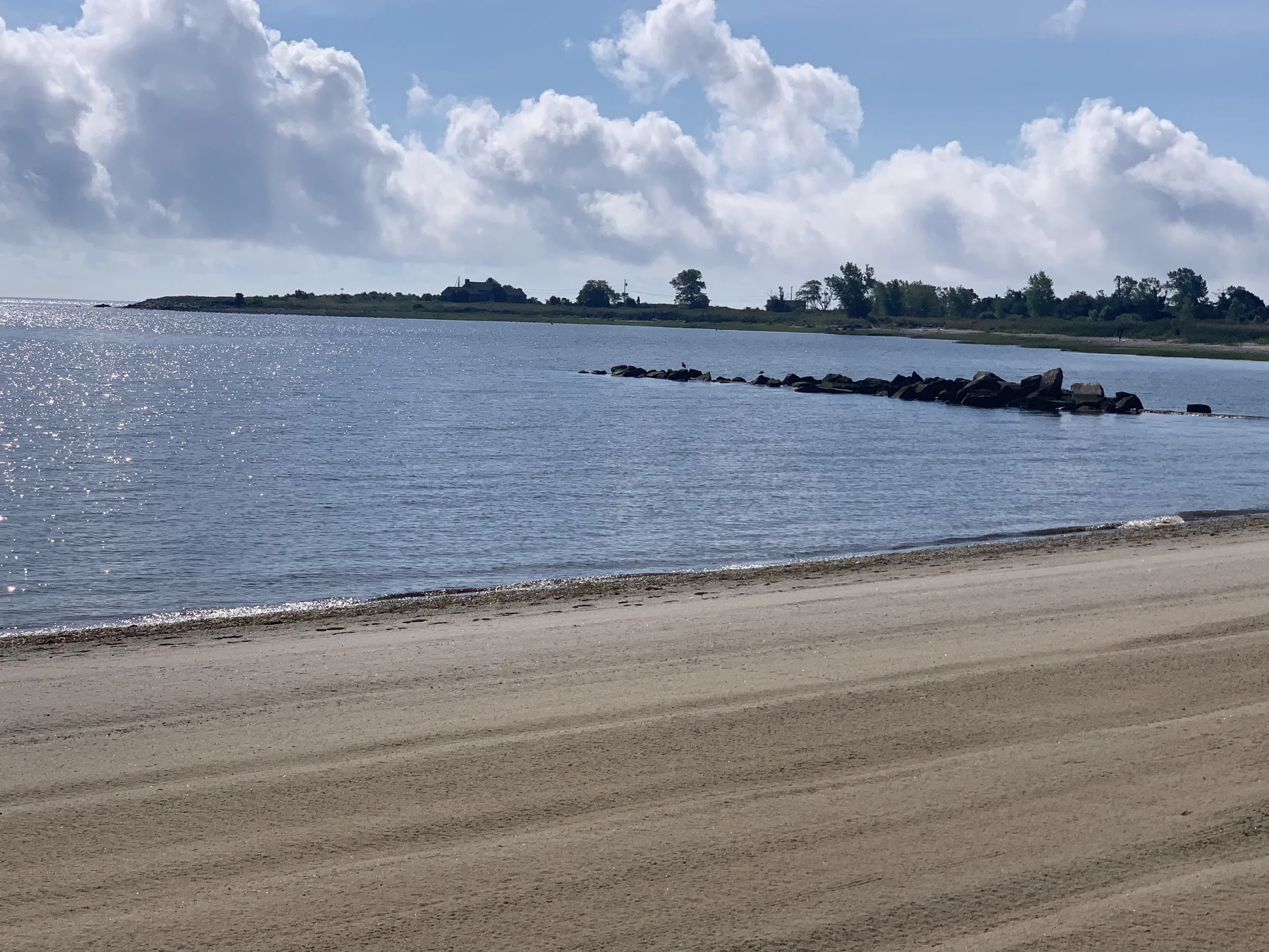 A beach with a sandy shore in the foreground, a calm body of water, and a hilly landscape with trees and a few buildings in the background under a partly cloudy sky.