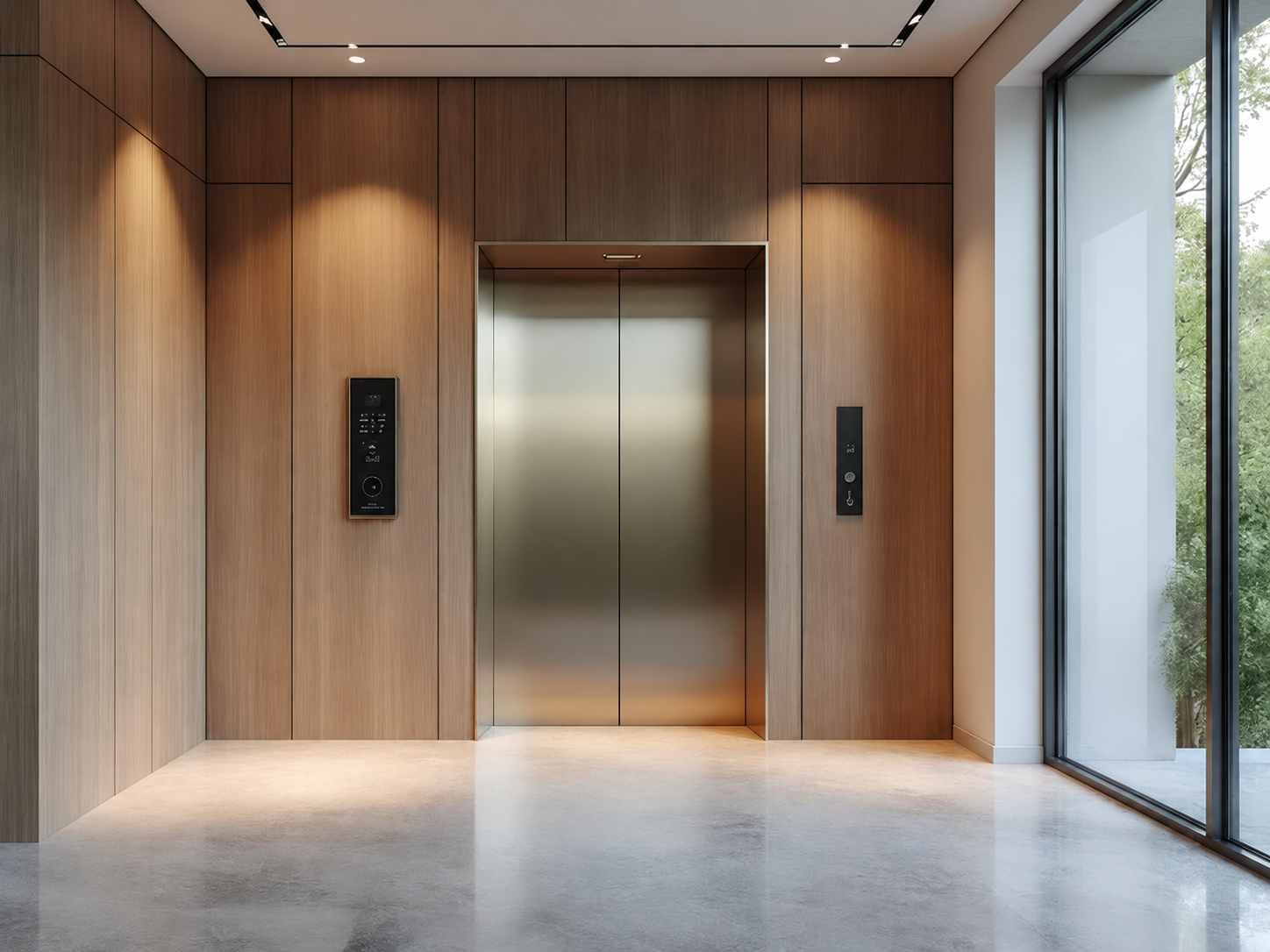 Image of an elevator within a modern looking interior space. The elevator is a beige gold color, set into a wood panel wall.