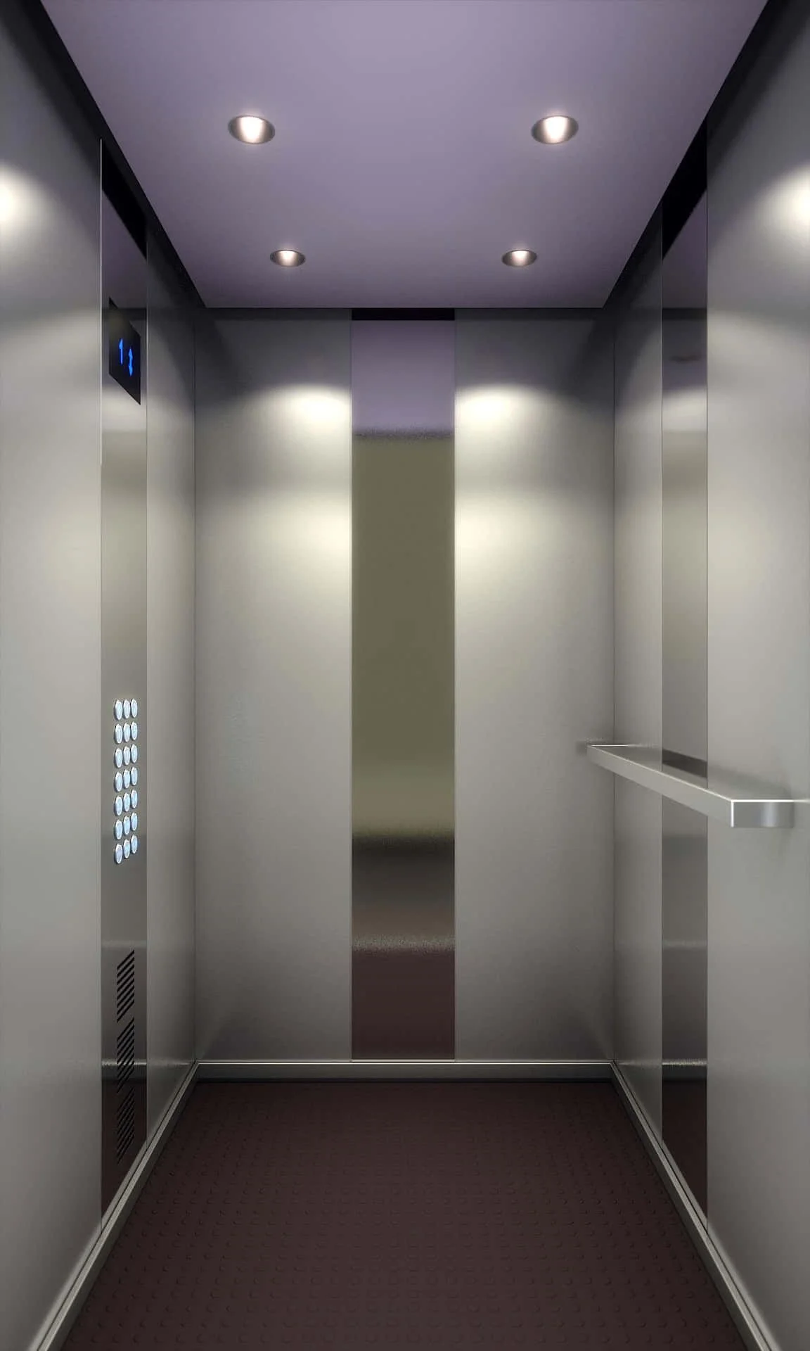 A silver, modern elevator interior, with rows of glowing floor buttons upon one side of the car.