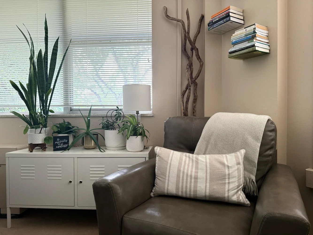 Living room corner with a gray leather armchair, a striped pillow, a cream blanket, a white cabinet with potted plants, a window with blinds, a table lamp, and wall-mounted bookshelves with books.