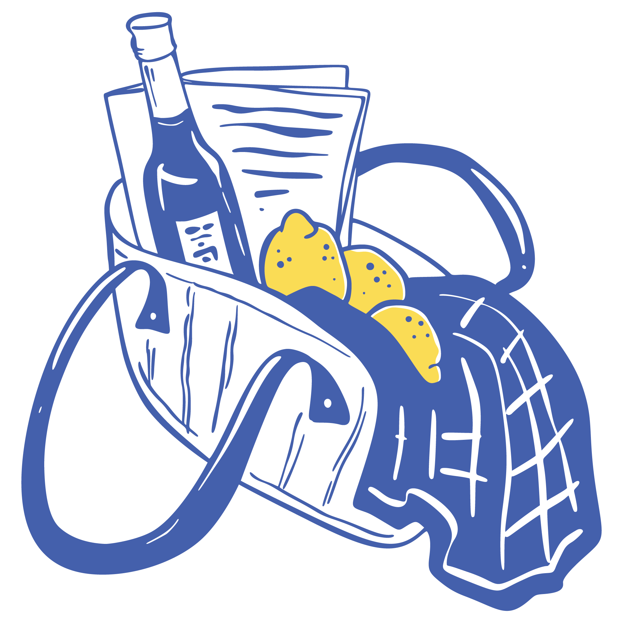 A blue outline illustration of a basket containing a bottle and lemons, representing life after trauma and loss.