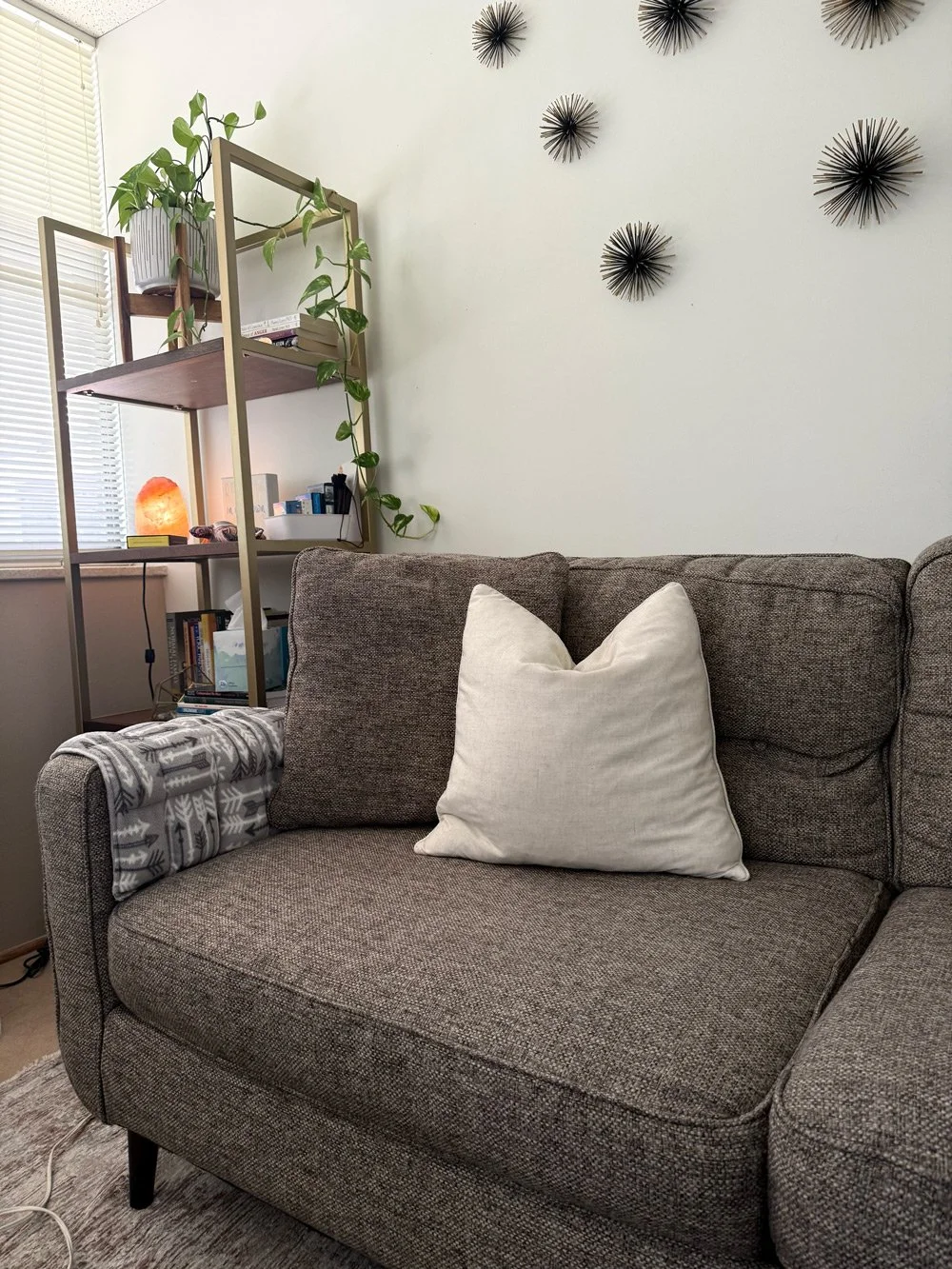 A cozy living room corner with a textured gray sofa, a cushion, a patterned blanket, a tall wooden bookshelf with plants and books, a salt lamp, and black decorative wall art. Natural light coming through a window with blinds.