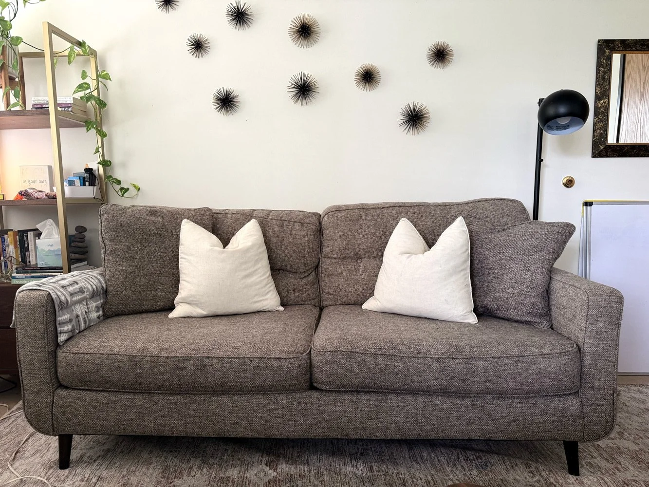 A living room with a gray fabric sofa, two white pillows, a black floor lamp, wall decor with black spiky circular art, a bookshelf with books, plants, and decorative items on the left, and a mirror with a black frame on the right wall.