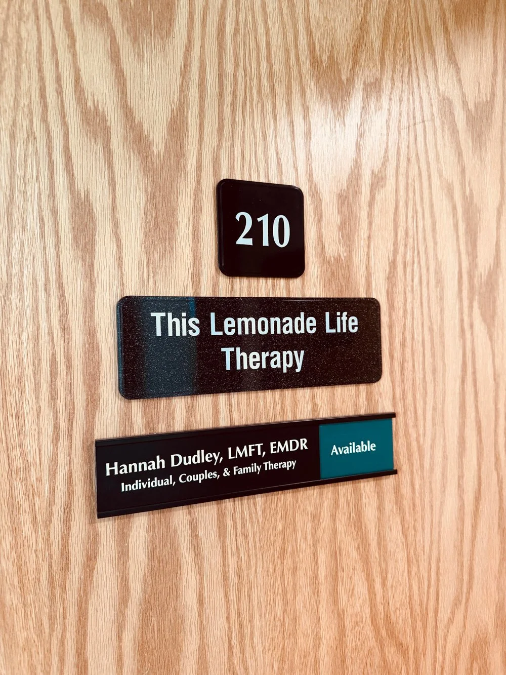 Room number 210 door with a sign that says 'This Lemonade Life Therapy' and a plaque with therapist's name Hannah Dudley, LMFT, EMDR, offering individual, couples, and family therapy, marked as available.