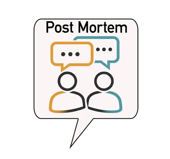 A speech bubble with two outline figures and speech clouds, with the words 'Post Mortem' at the top.