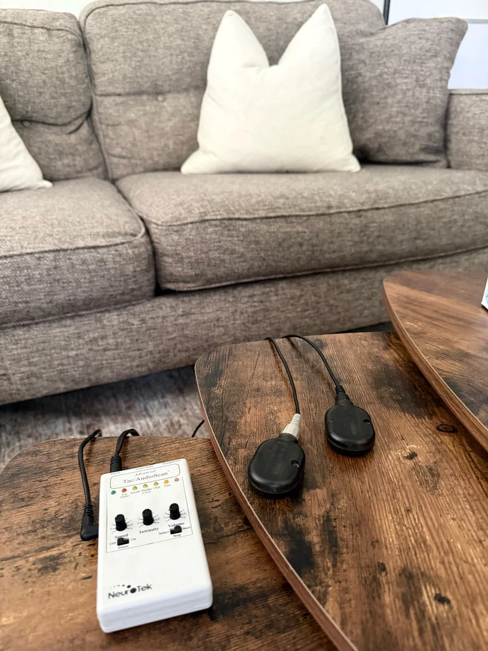 A living room scene with a brown fabric sofa, two white pillows, two oval-shaped black devices on a wooden table, and a white audio scan device with knobs and lights.