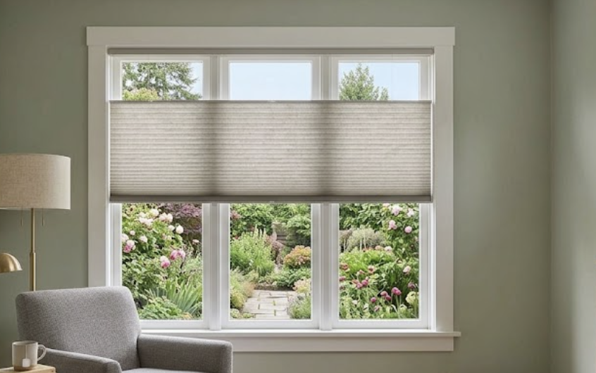 Large living window with Top-Down/Bottom-Up honeycomb cellular shade.