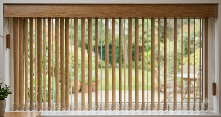 Vertical faux-wood blinds for privacy, light control, and style.