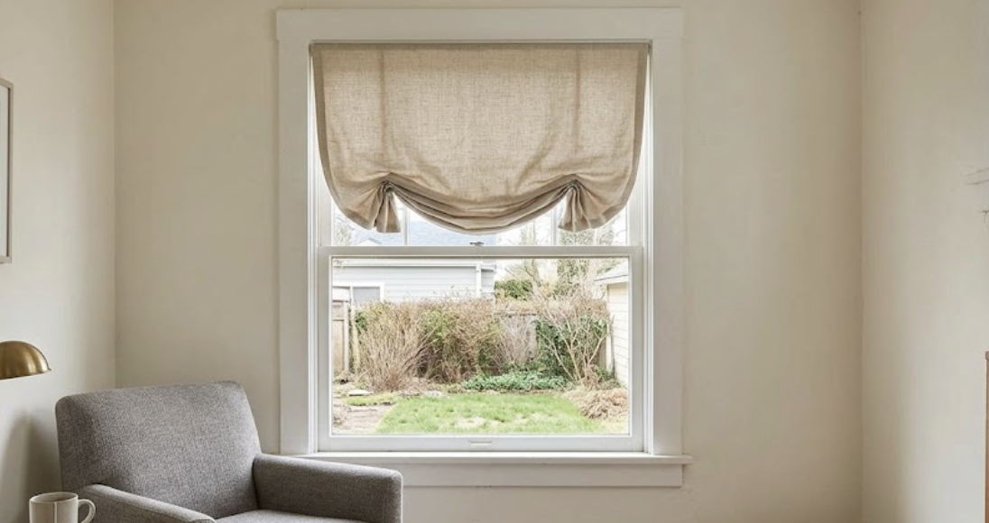 A room with a large window covered by a beige bubbled Roman shade curtain.