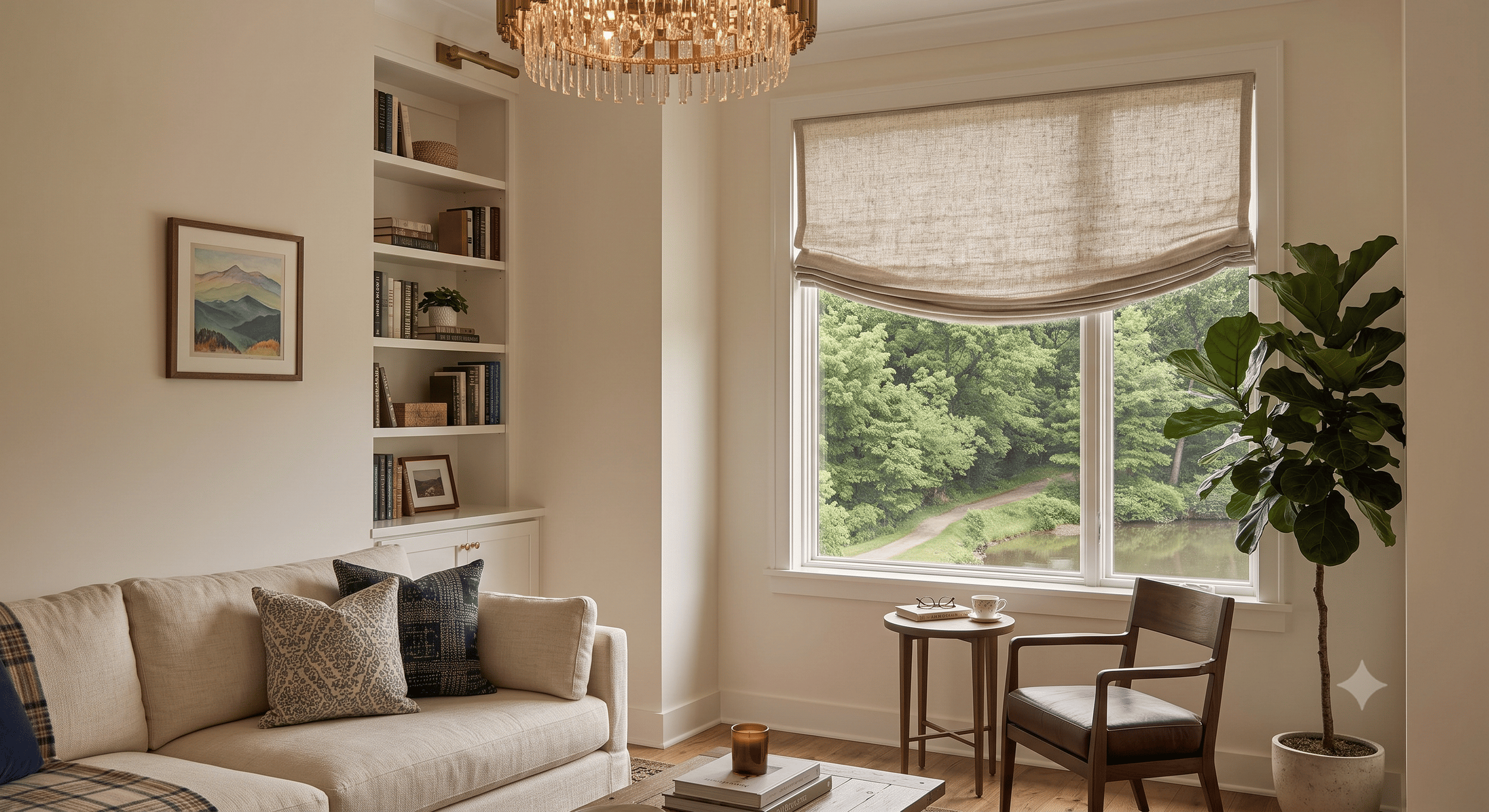 Living room with a large window and a beige relaxed Roman shade.