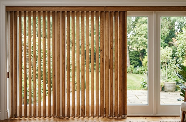 Vertical wooden blinds covering large glass sliding doors.