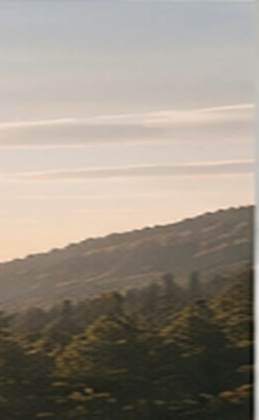 Sunlit mountain slope and tree-covered foothills beneath a hazy sky
