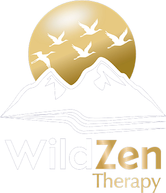 WildZen Therapy logo featuring stylized mountains, a golden sun with flying birds, and the text “WildZen Therapy”