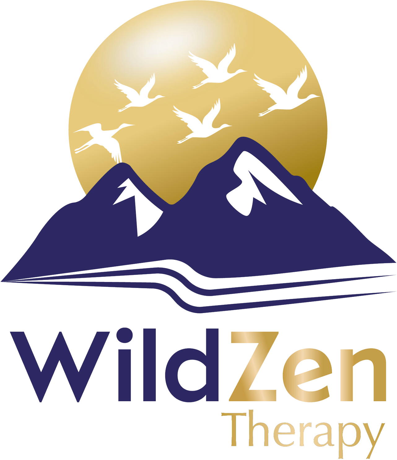 Wild Zen Therapy logo featuring snowcapped mountains, flying birds, and a golden sun