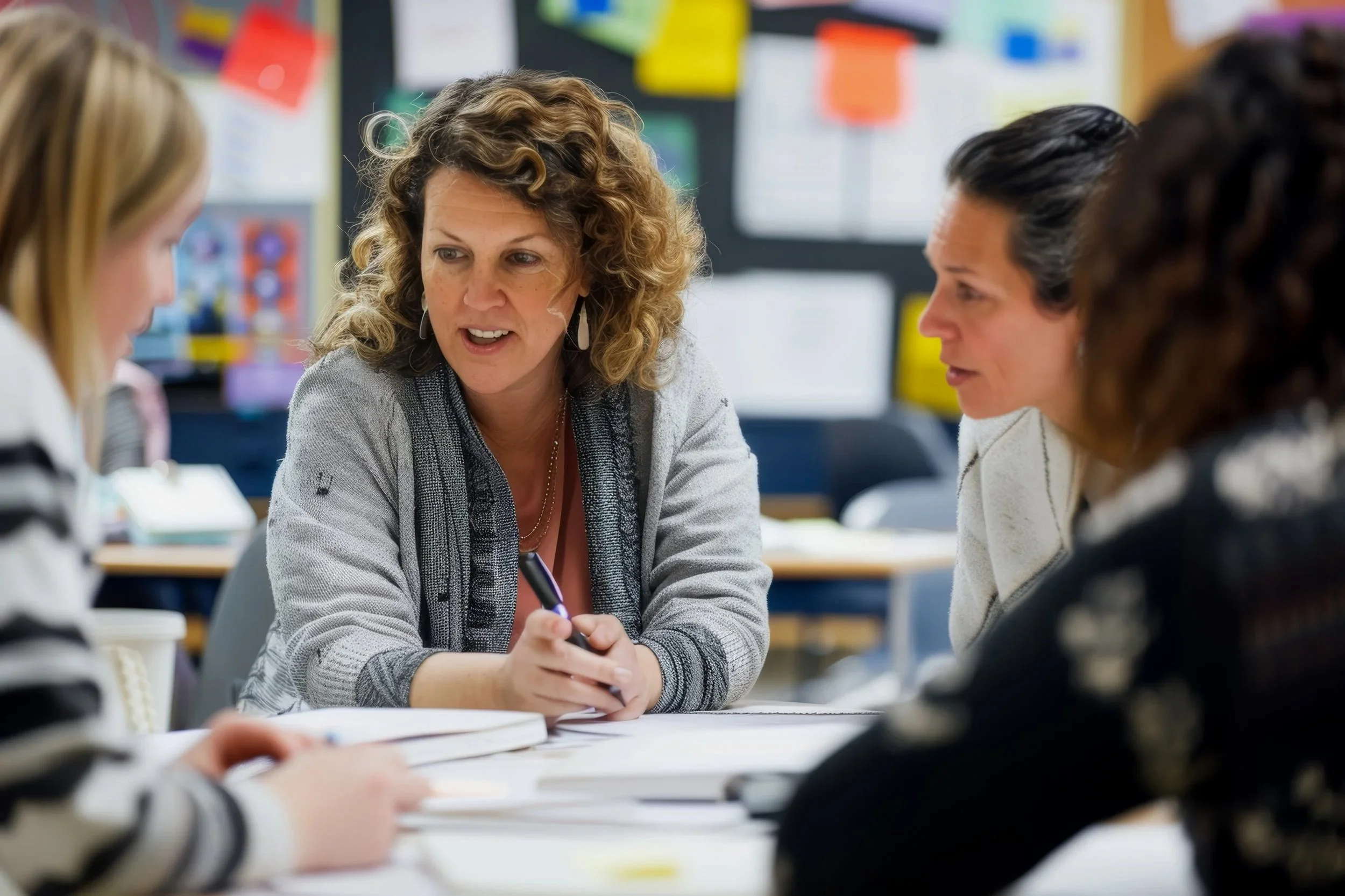 A group of women engaged in a discussion around a table in a classroom or office setting.