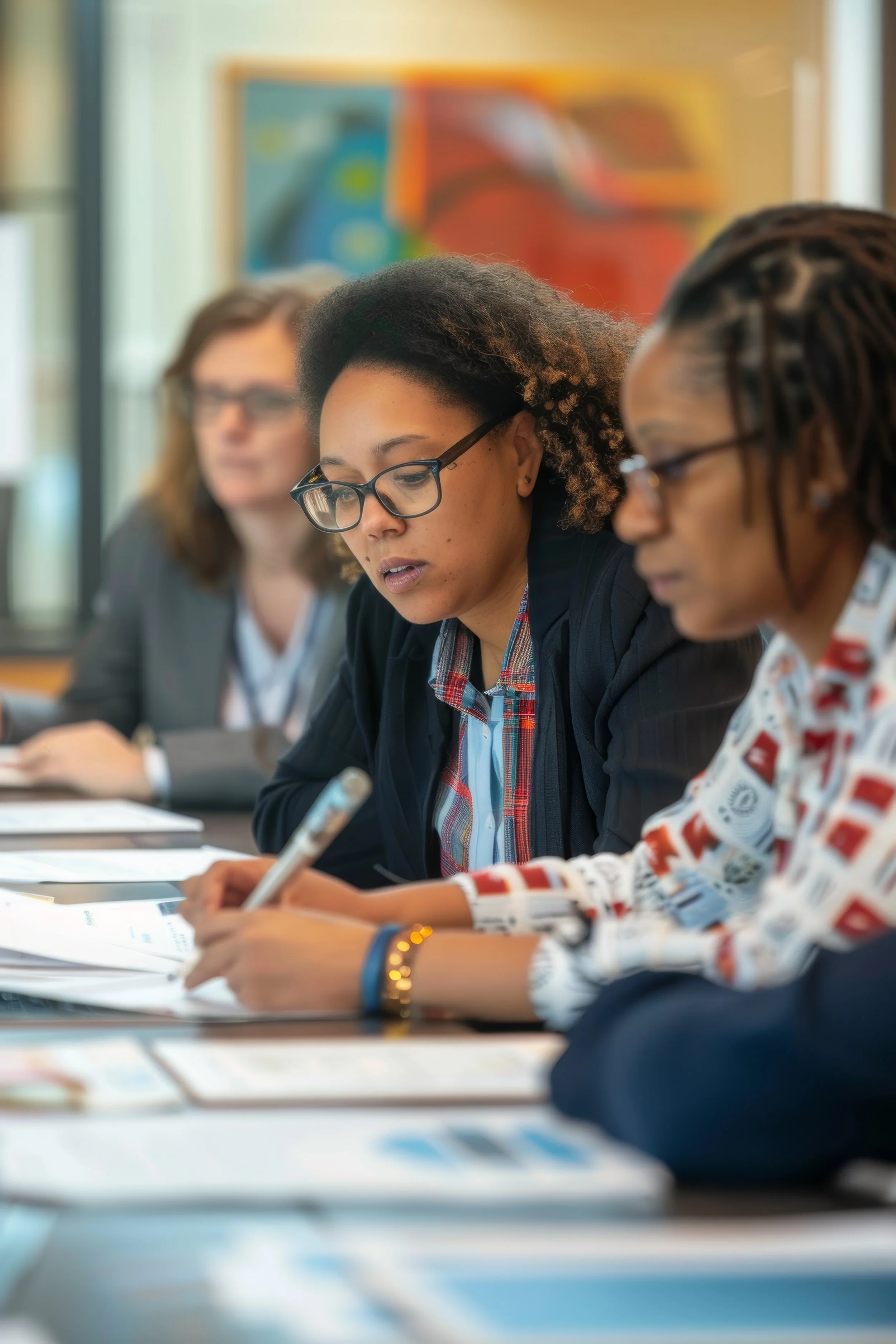 Three women seated at a table during a meeting or discussion, with papers and pens in front of them, in a professional setting.