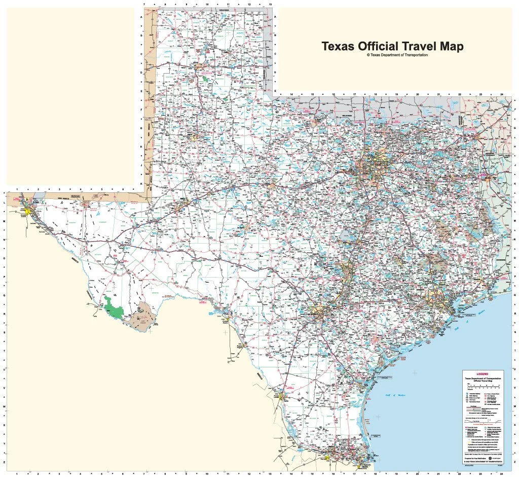 A detailed Texas travel map showing highways, cities, and geographic features, with inset maps for specific areas and a legend for map symbols.