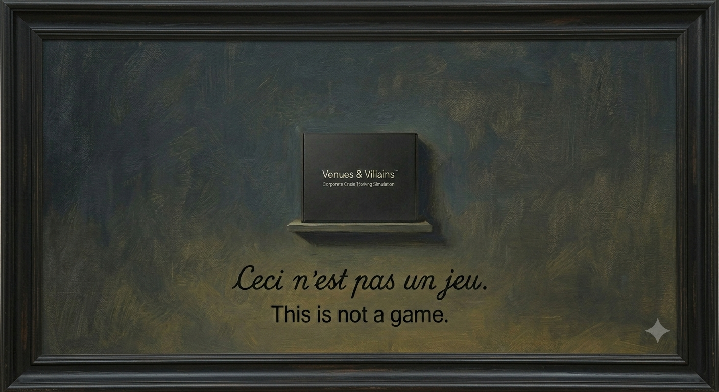 Framed artwork with a black box labeled "Venues & Villains" and a small shelf. Text in black cursive and regular font reads, "Ceci n'est pas un jeu. This is not a game."