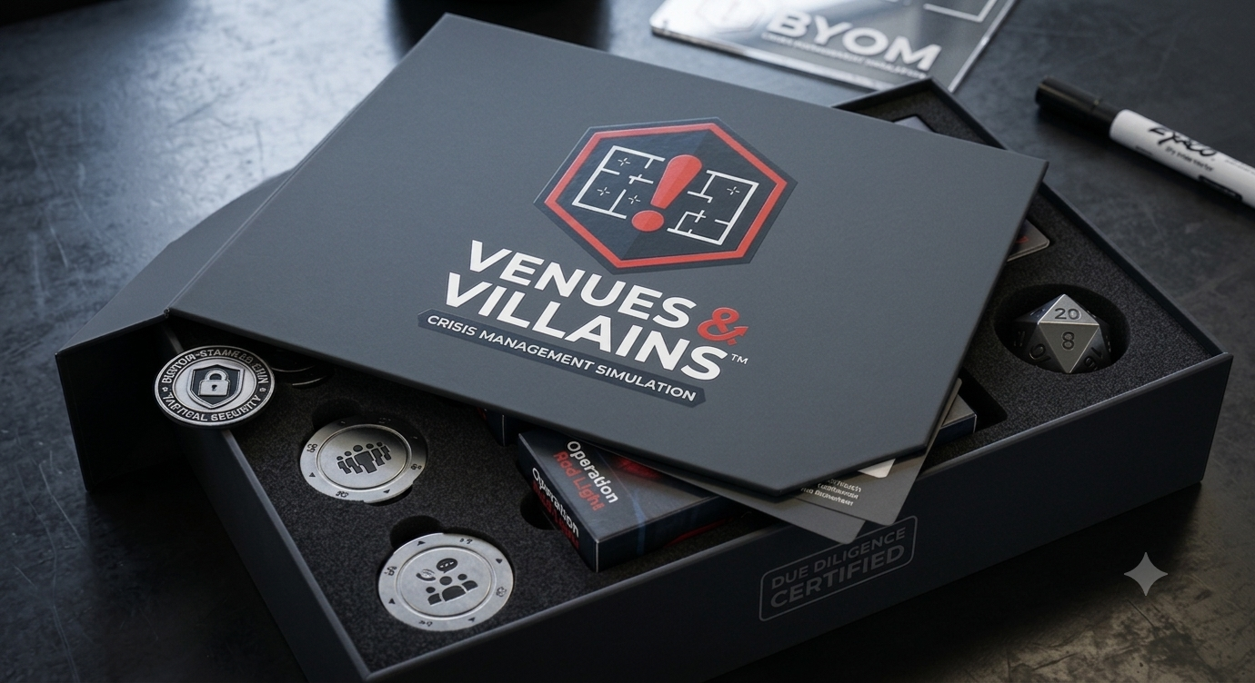 Board game titled "Venues & Villains," with a subtitle "Crisis Management Simulation," placed in a box with various game pieces, dice, and cards on a dark surface.